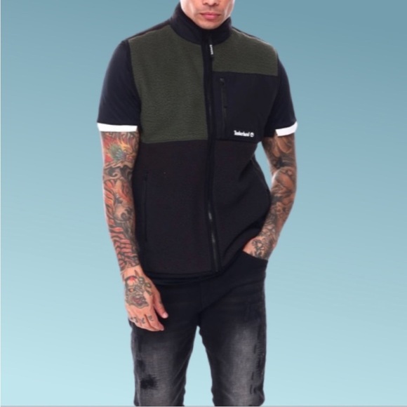 Timberland Mens Fleece Vest Green/Black Color Block Pockets Mock Neck SZ Large - Picture 5 of 11